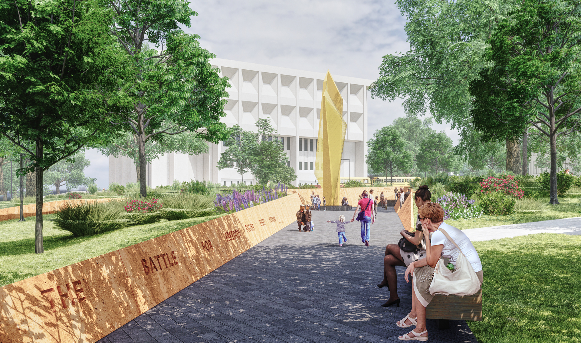 Rendering of the NC Freedom Park highlighting visitors in the park reading quotes from notable African Americans from North Carolina.