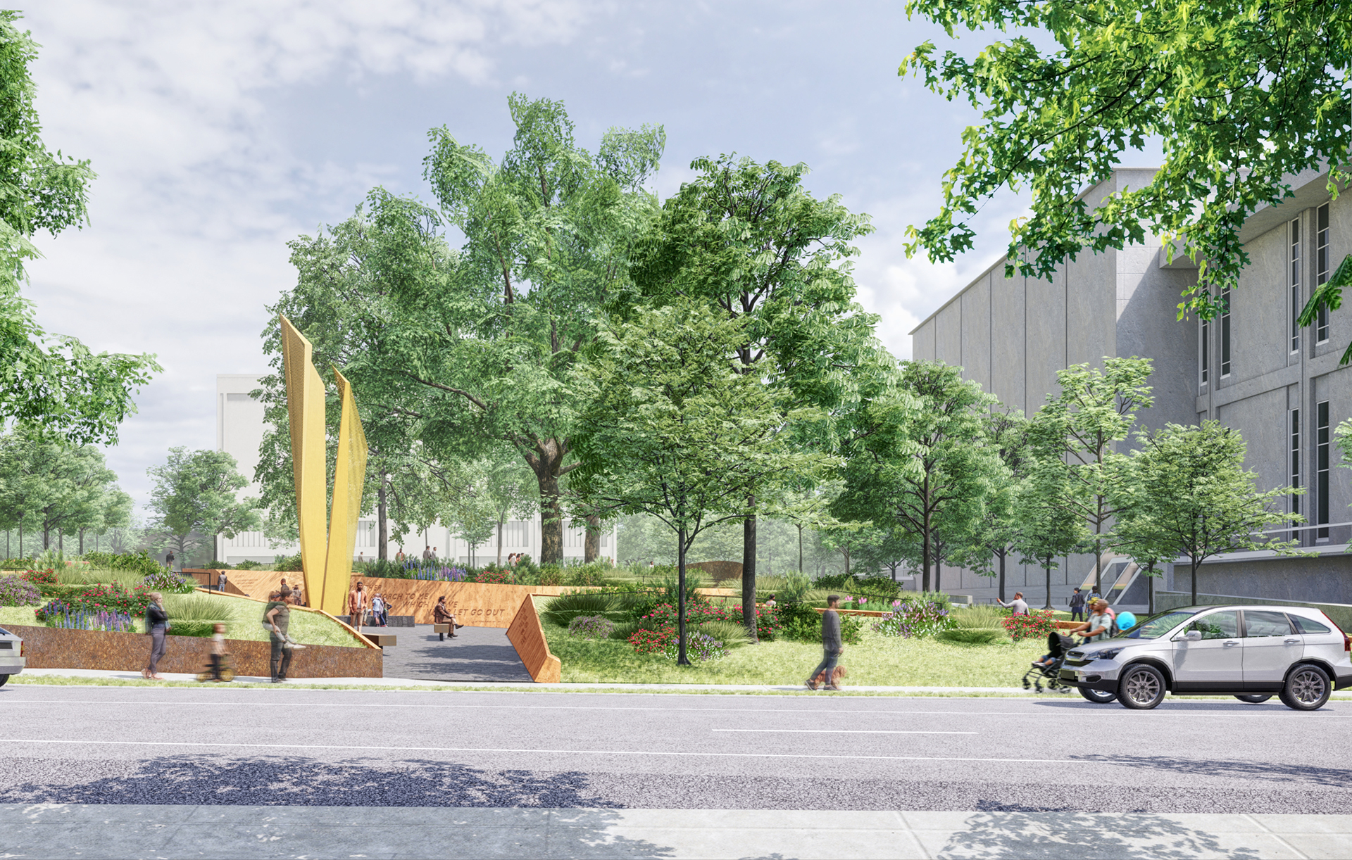 Side view rendering of NC Freedom Park as a car drives by.